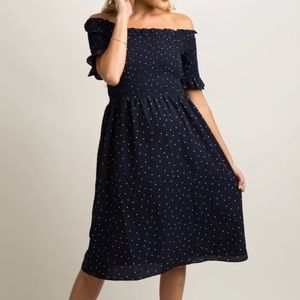 PinkBlush Navy Polka Dot Smocked Maternity Dress